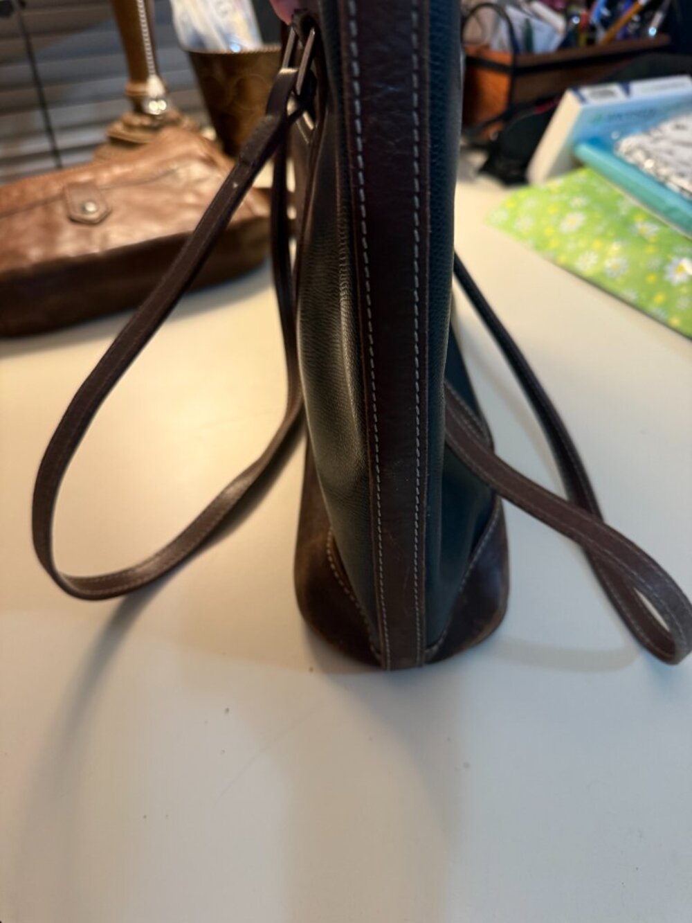 Black & Brown Structured Shoulder Tote Bag Vintage Style - Picture 4 of 9